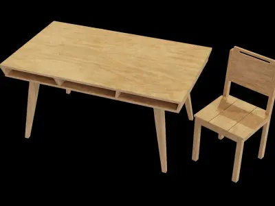 Dining Set 1 wooden desk and chair Low-poly 3D model