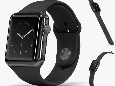 Apple Watch Space Black Stainless Steell Case Black Sport Band 3D model