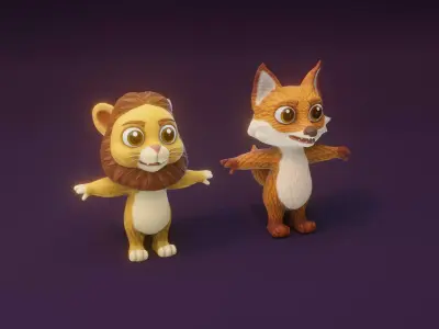 Cartoon Animated Lion and Fox 3D Model Collection Low-poly 3D model