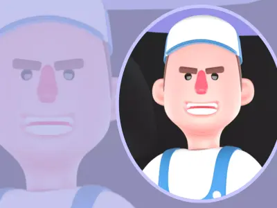 Stylized 3D Angry Mechanic on Car Bumper - Cartoon 3D model