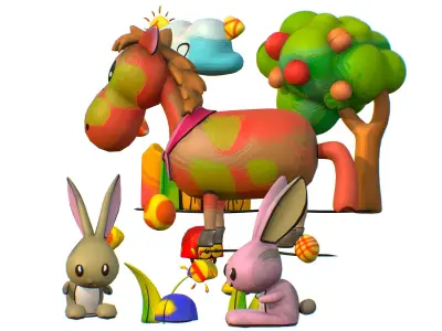 3D illustration Horse Hare Rabbit Ladybird Wood Low-poly 3D model
