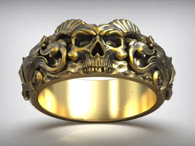 Classic Baroque Carved Hammered Skull Horn Ring 3D print model