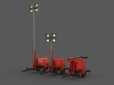 PBR Mobile Light Tower Generator B - Red  Low-poly 3D model