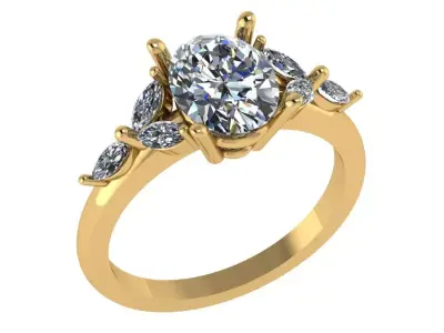 Oval shape prong ring with three marquise shaped stones on sides 3D print model