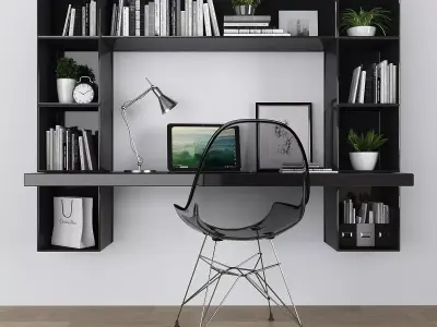 Workplace set home office desk with bookshelves Low-poly 3D model