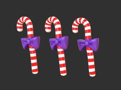 Candy Cane 03 with Bow 3D Model Christmas Decor Low Poly  Low-poly 3D model