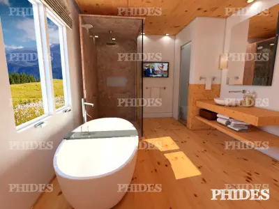 Bathroom with wood floors and mountains 3D model