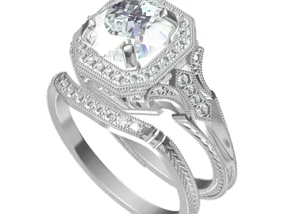 Unique Art Deco Engagement Ring With Band 3D print model