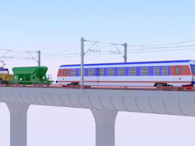 Bridge with passenger and cargo trains II 3D model