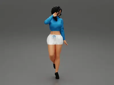 beautiful girl in lini short and high neck shirt 3D print model