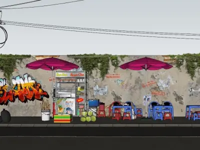 Peddling street umbrellas and chairs 3D model