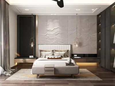 Modern black wood chinese style bedroom 3D model
