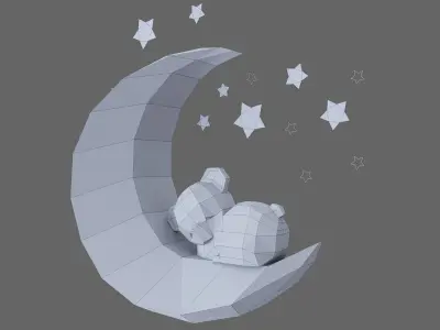 Low Poly Bear on the moon Model Origami  3D print model