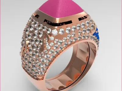 jewelry gold ring with coral and diamonds Free 3D model