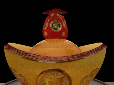 Chinese gold ingot piggy bank with money bag  3D model