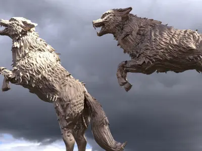 Wolf Statue sculpture jumping 3D model