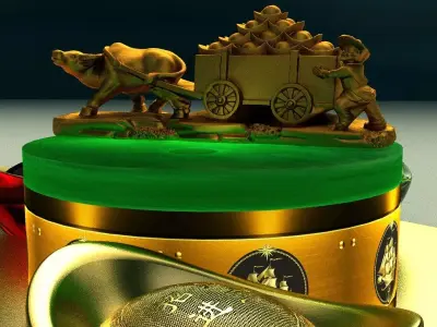 Chinese gold  ingot and dice with gold cart  3D model