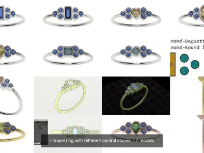 7 Basel ring with different central stones  3D Model Pack