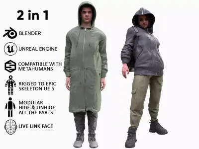 Mens and Womens Autumn Outfits - Modular - Rigged 3D Model Collection