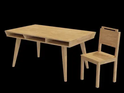 Dining Set 1 wooden desk and chair Low-poly 3D model
