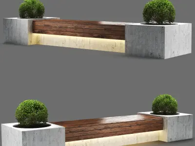 bench1150-4m concrete bench with two potted plants 3D model