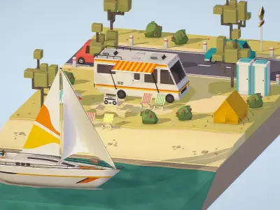 isometric camping scene on the river  Low-poly 3D model