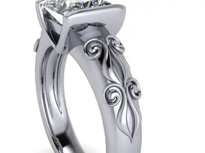 Vintage Princess Cut Solitaire  Hand Engrave Style Scroll  Ring  3D print model