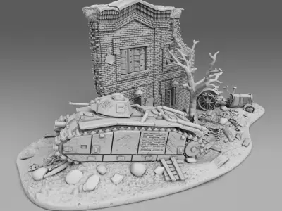 A tank near a destroyed building 3D print model