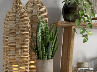 Decor set wooden table with plants and wall hanging 3D model