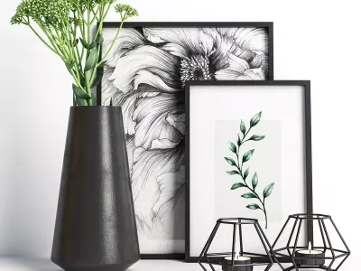 Decorative set 7 vase with plant 3D model