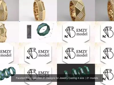 Faceted Ring Collection 21 Designs for Jewelry Casting 4 size  3D Model Pack