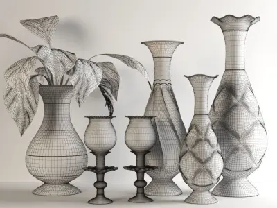 set235 set of vases and plant on table 3D model