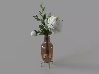 Peony In Glass Vase With Brass Stand Cream 3D model