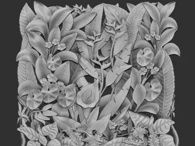 natural wall carved relief panel  plants 3D model