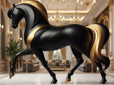 Elegant Black Gold Horse Dynamic Striped Sculpture Low-poly 3D model