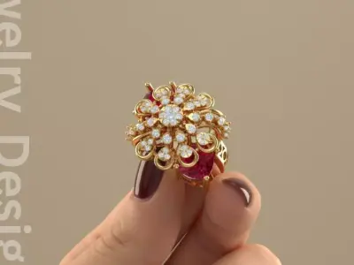 Ruby and Diamond Floral Filigree Ring 3D print model