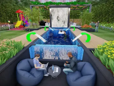 3D Model of a Swimming Pool with Wooden Deck Pergola Seating 3D model