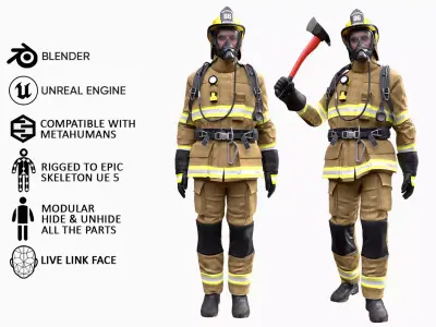 Realistic 3D model of Man Firefighter - Modular - Rigged Low-poly 3D model