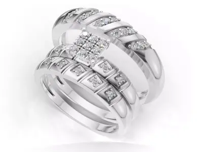 AV 738 Diamond Cluster Engagement Ring Trio Bridal Set 3D print model