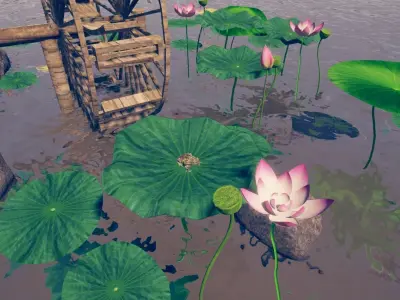 RockeryLotusPond water wheel and lotus lilies in water Low-poly 3D model
