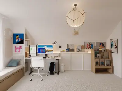 Cozy and Bright Kids Bedroom Interior with Study 3d virtual Tour 3D model