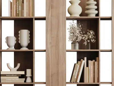 Wooden Shelves Decorative With Book and Plants - Wooden Rack 18 3D model