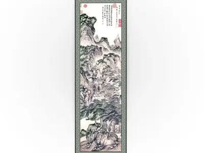Chinese Hanging Scroll Brush Painting - Chinese Mountain Scenery Low-poly 3D model
