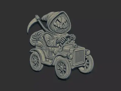 pumpkin grimreaper driving car 3D print model