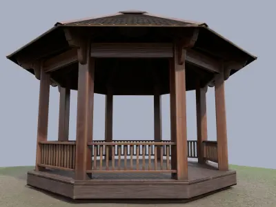 Wooden octagon gazebo house in garden Low-poly 3D model
