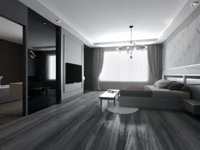 Modern Grey simple luxurious bedroom livingroom bathroom scene 3D model