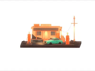 Gas Station Night Low Poly Low-poly 3D model