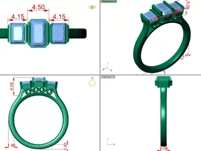 3 emerald half bezel wedding ring  3D print model
