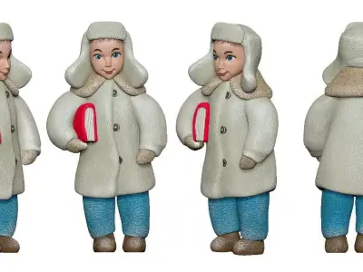 001358 kid in beige winter jacket with a book 3D model