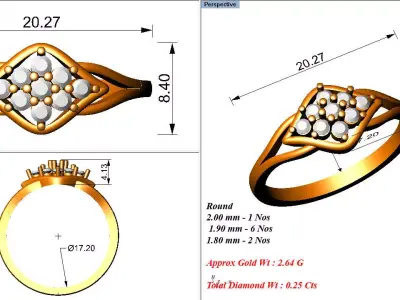Elegant Gold Diamond Cluster Ring 3D print model